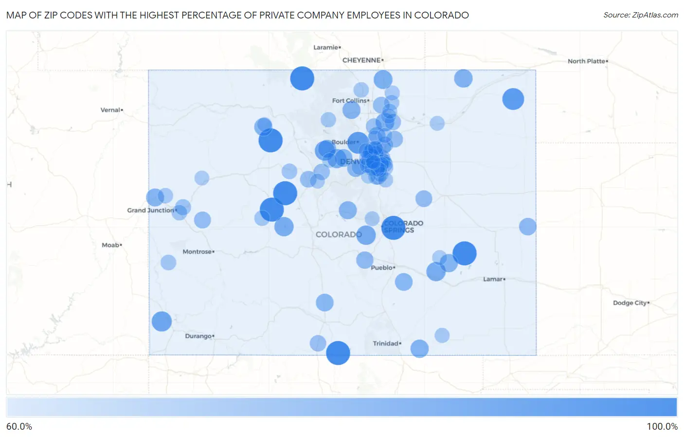Zip Codes with the Highest Percentage of Private Company Employees in Colorado Map
