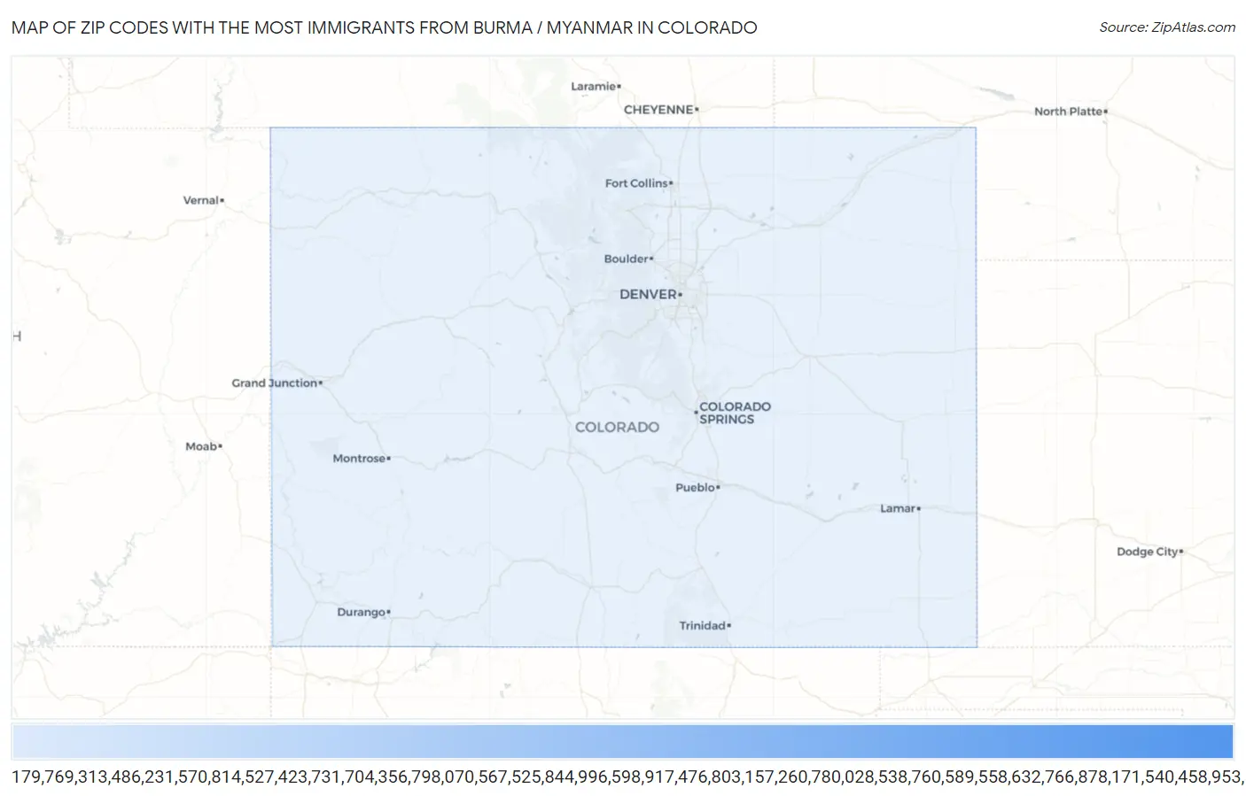 Zip Codes with the Most Immigrants from Burma / Myanmar in Colorado Map