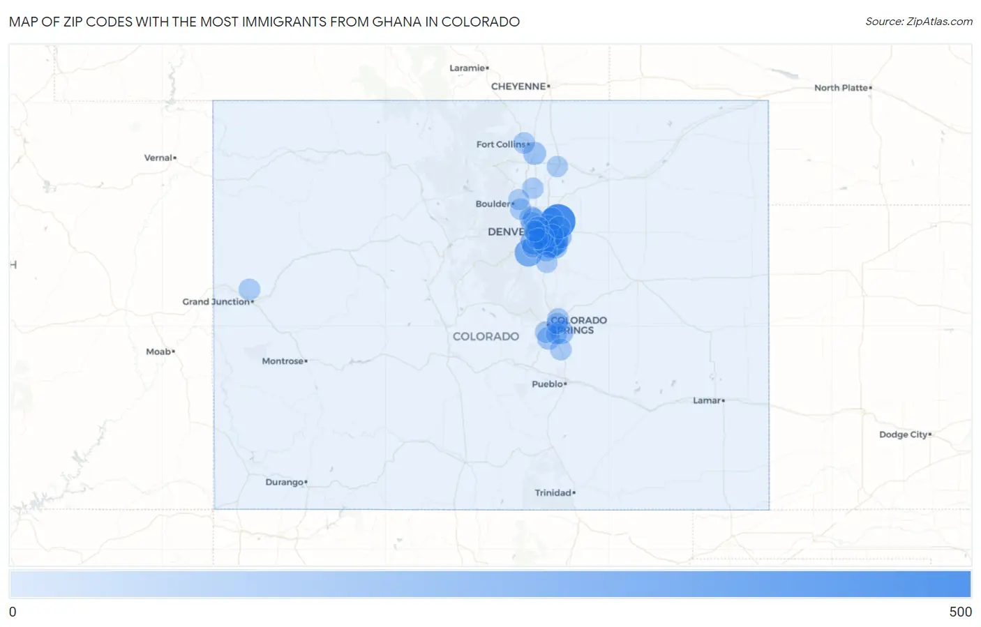 Zip Codes with the Most Immigrants from Ghana in Colorado Map