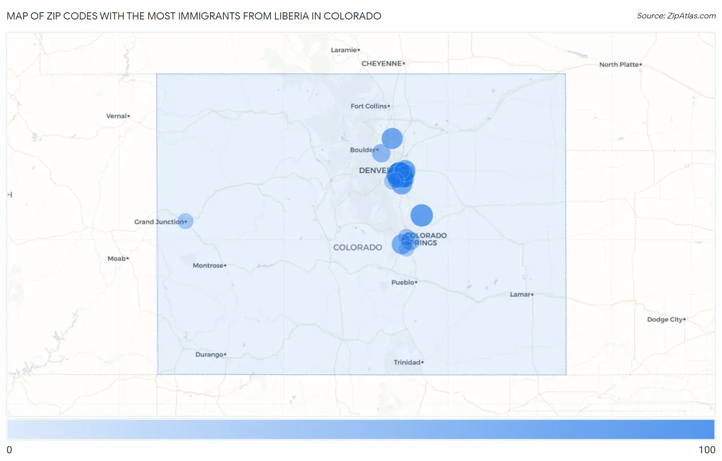 Zip Codes with the Most Immigrants from Liberia in Colorado Map