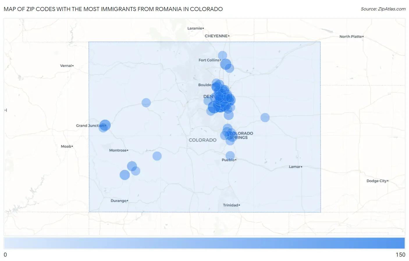 Zip Codes with the Most Immigrants from Romania in Colorado Map