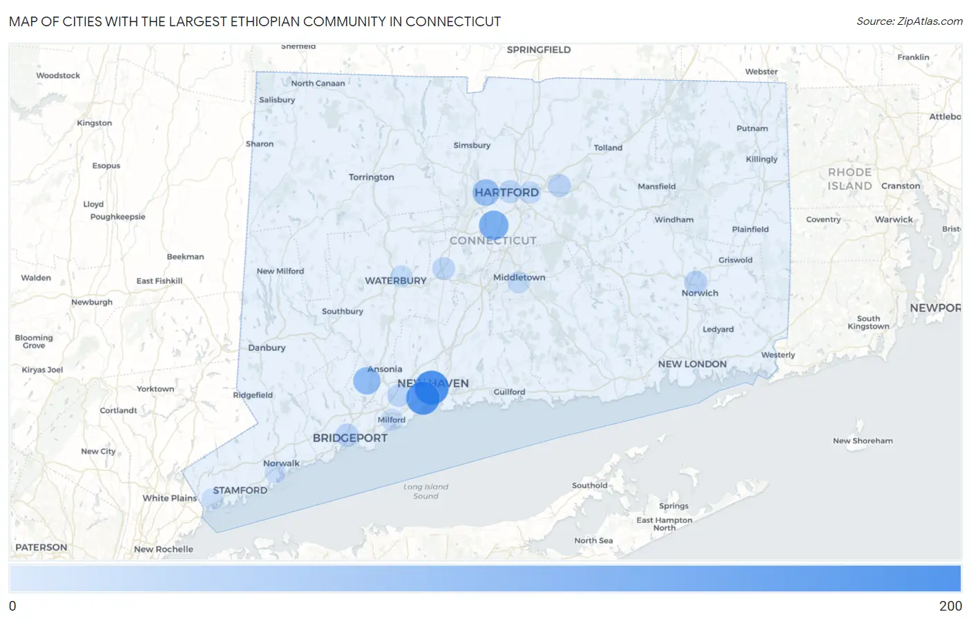 Cities with the Largest Ethiopian Community in Connecticut Map