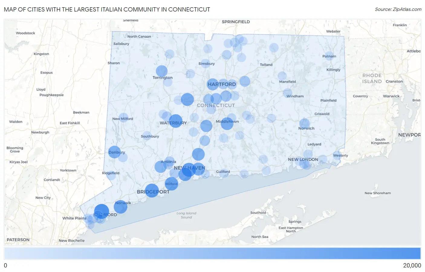 Cities with the Largest Italian Community in Connecticut Map