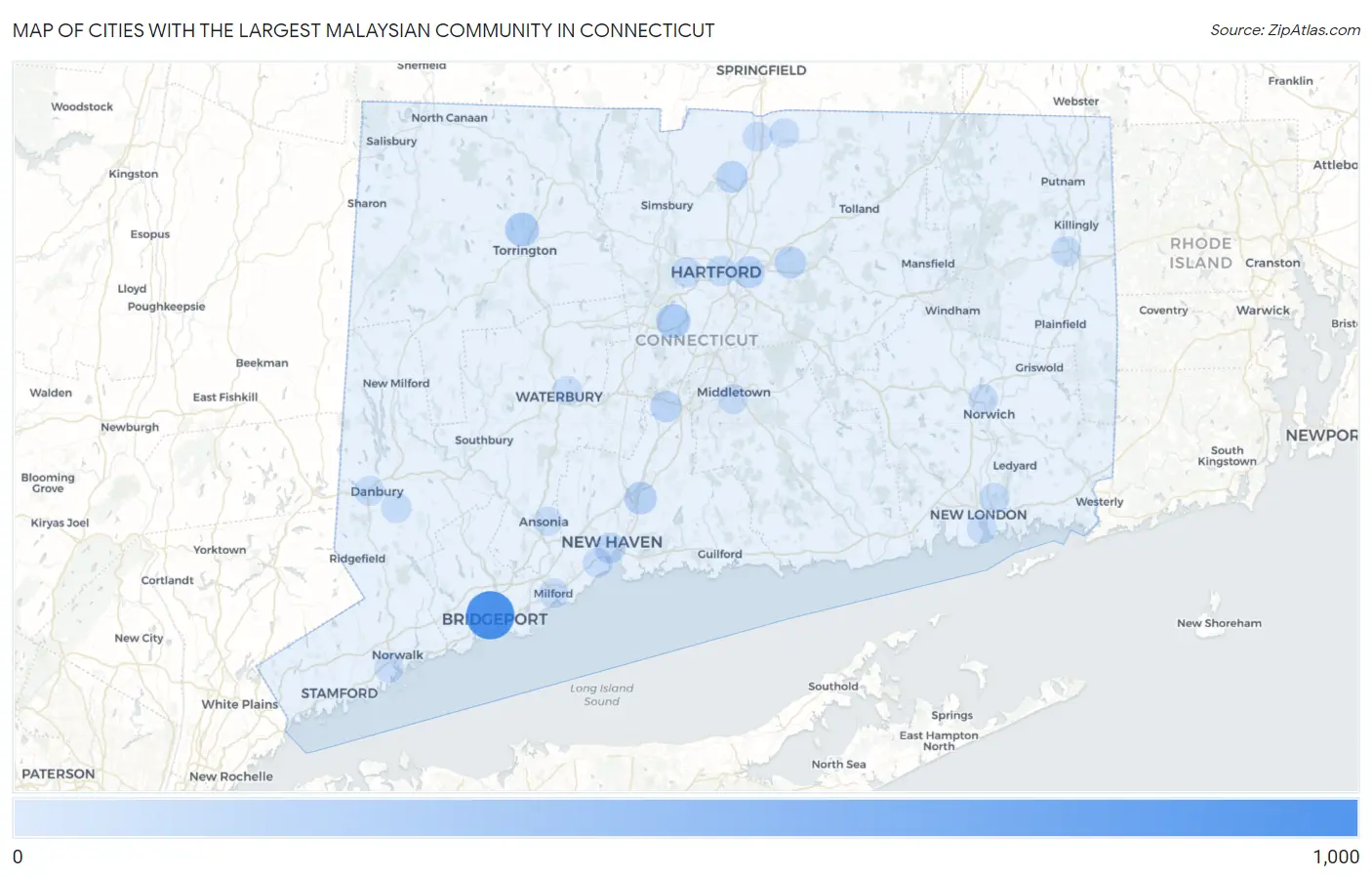 Cities with the Largest Malaysian Community in Connecticut Map