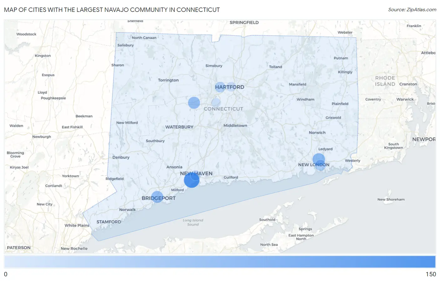 Cities with the Largest Navajo Community in Connecticut Map