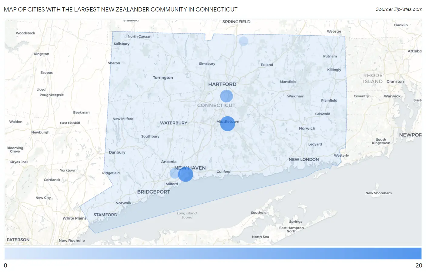 Cities with the Largest New Zealander Community in Connecticut Map