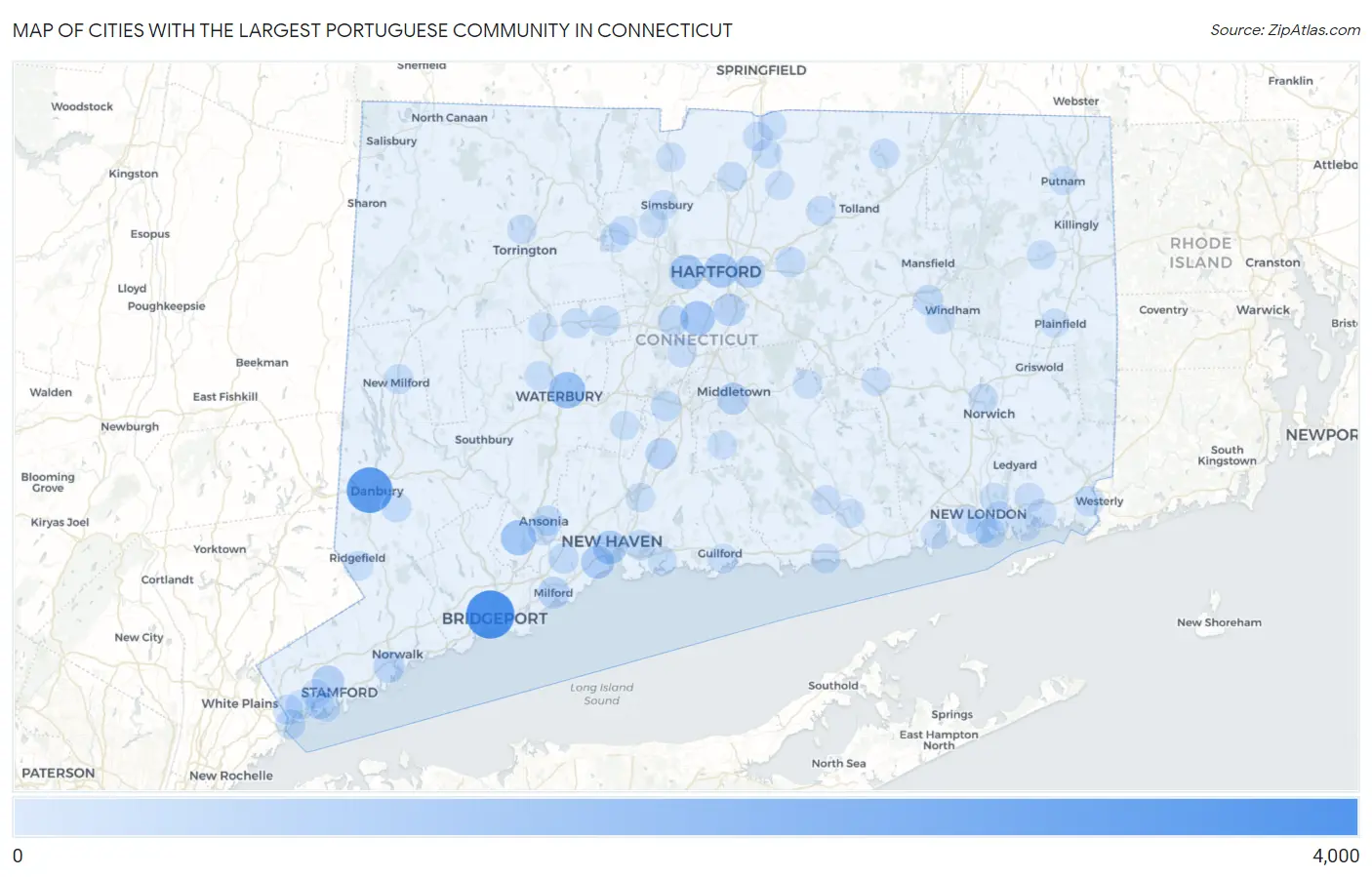 Cities with the Largest Portuguese Community in Connecticut Map