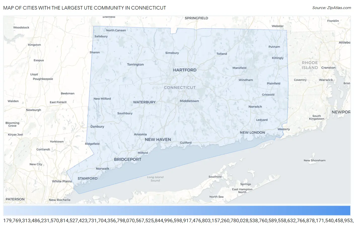 Cities with the Largest Ute Community in Connecticut Map