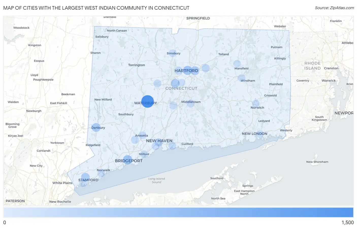 Cities with the Largest West Indian Community in Connecticut Map