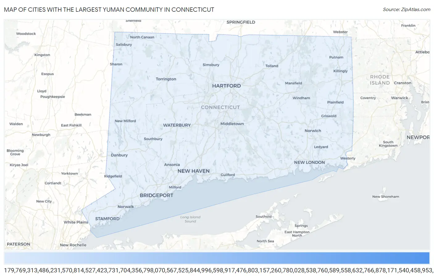 Cities with the Largest Yuman Community in Connecticut Map