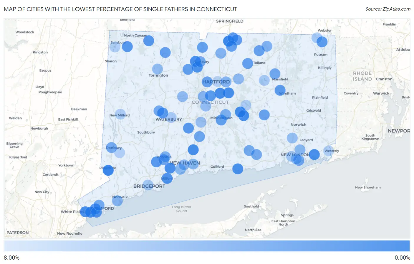 Cities with the Lowest Percentage of Single Fathers in Connecticut Map