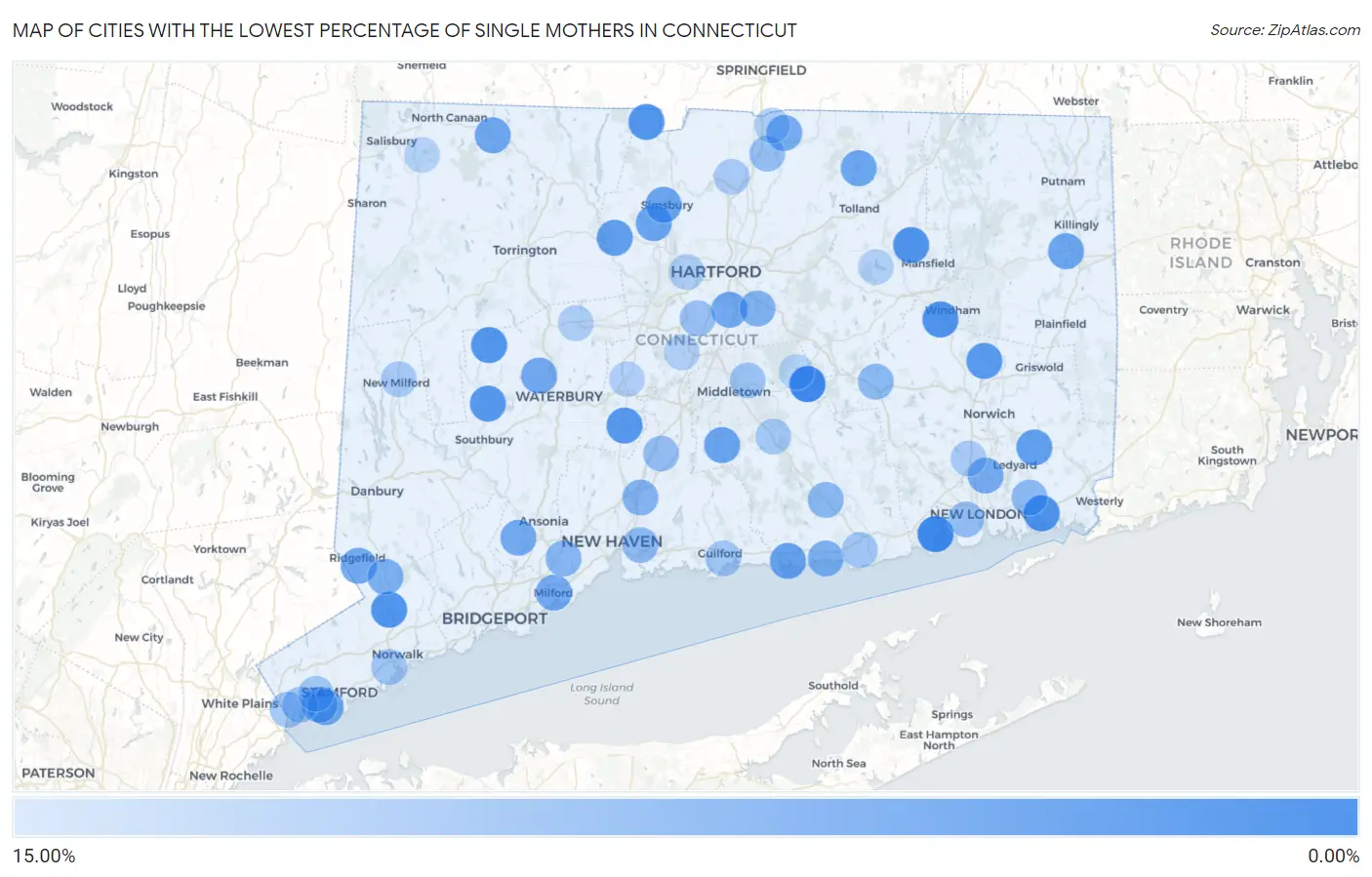 Cities with the Lowest Percentage of Single Mothers in Connecticut Map