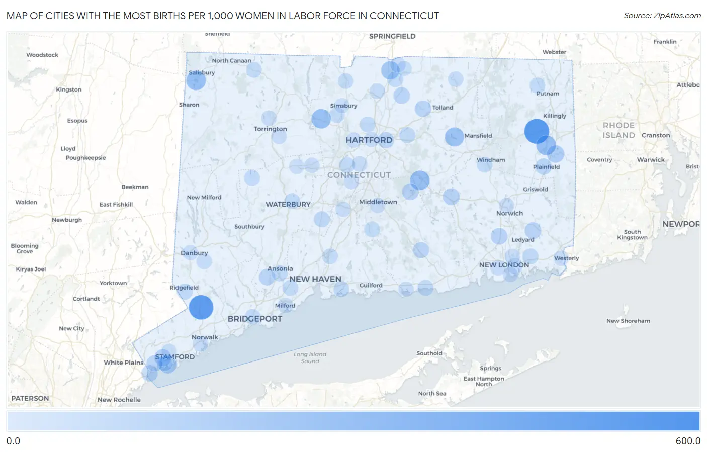 Cities with the Most Births per 1,000 Women in Labor Force in Connecticut Map