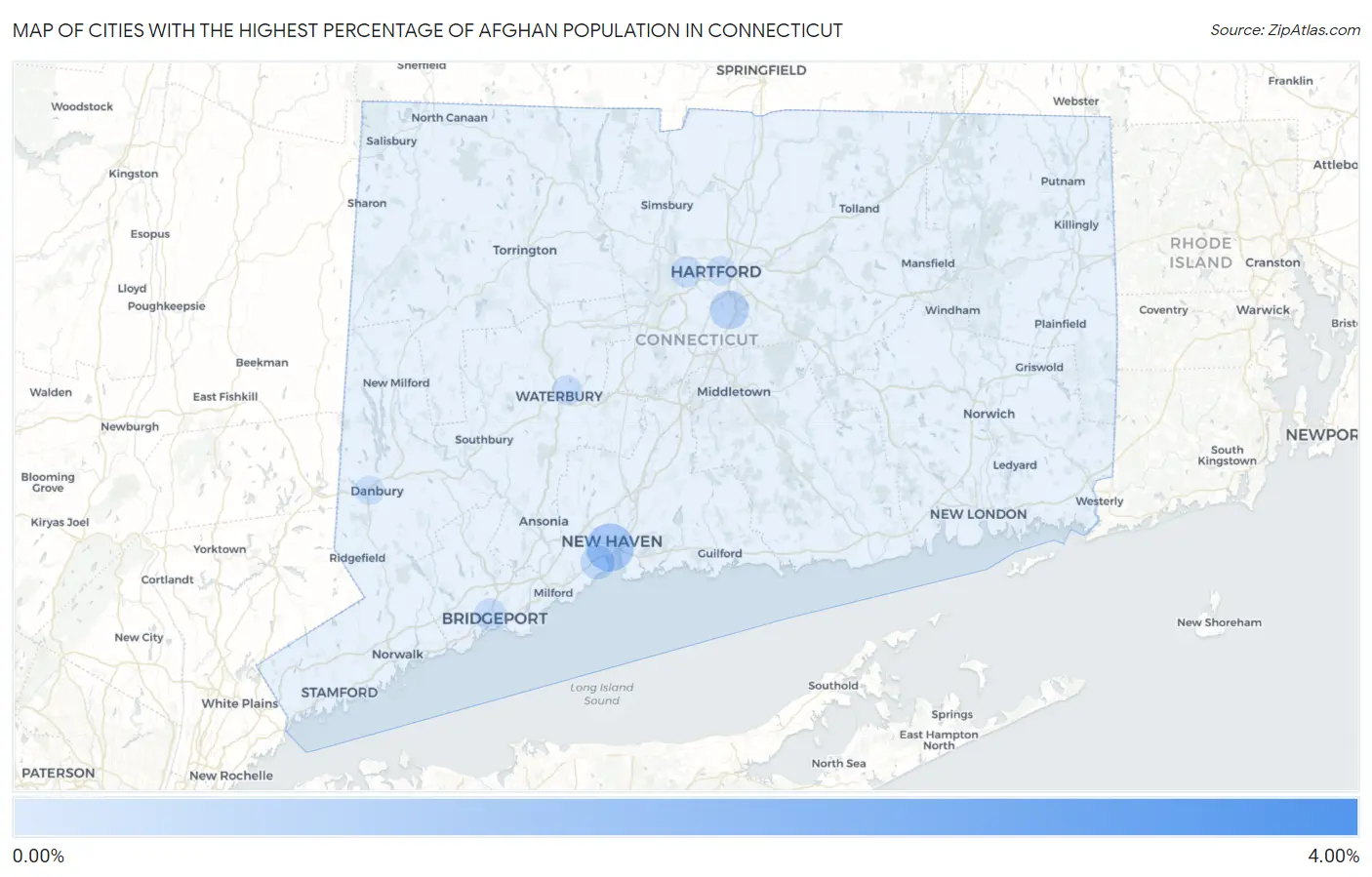 Cities with the Highest Percentage of Afghan Population in Connecticut Map