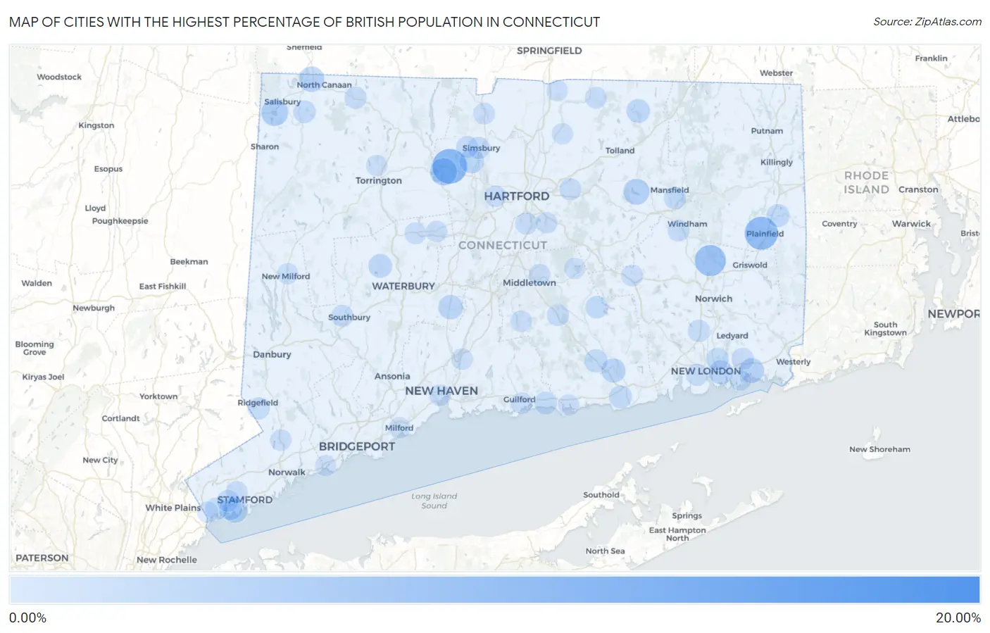 Cities with the Highest Percentage of British Population in Connecticut Map