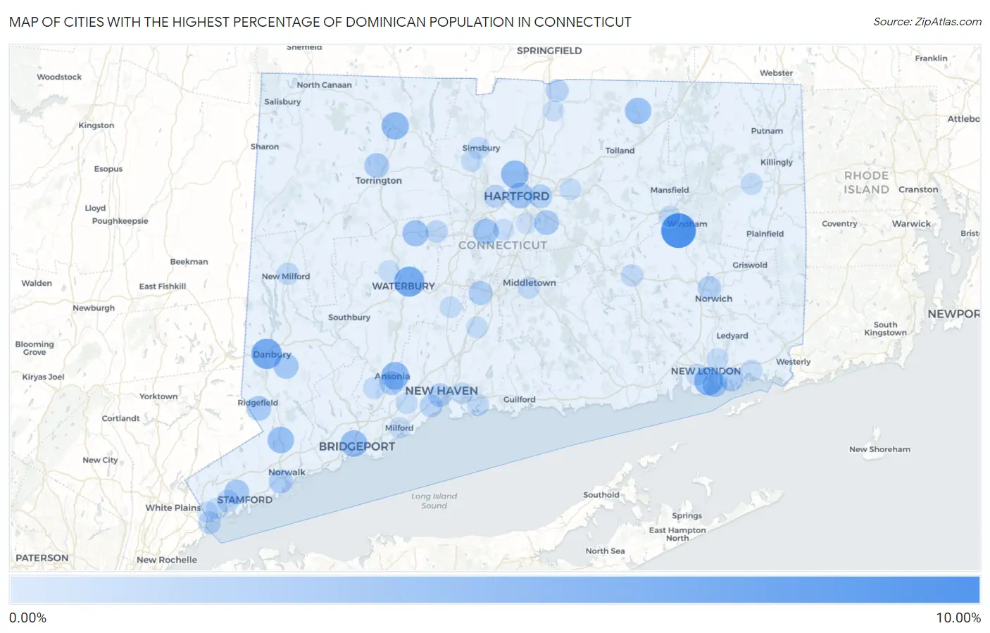 Cities with the Highest Percentage of Dominican Population in Connecticut Map