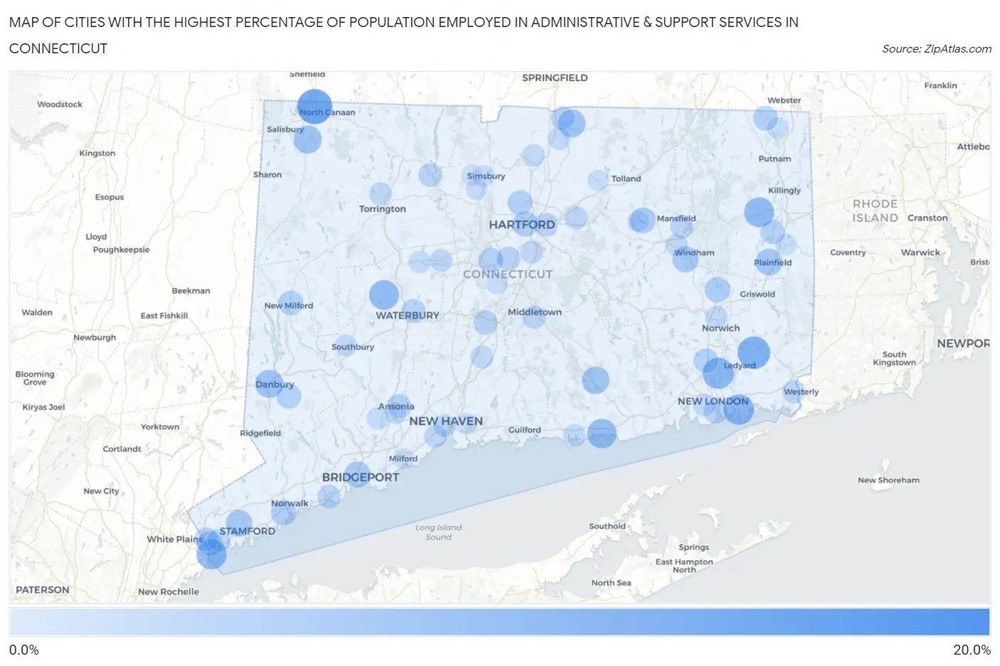 Cities with the Highest Percentage of Population Employed in Administrative & Support Services in Connecticut Map