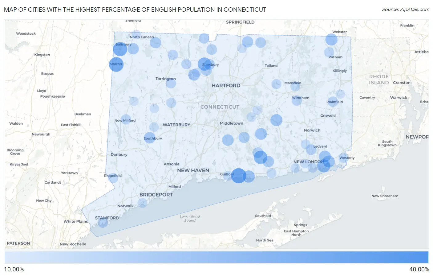 Cities with the Highest Percentage of English Population in Connecticut Map