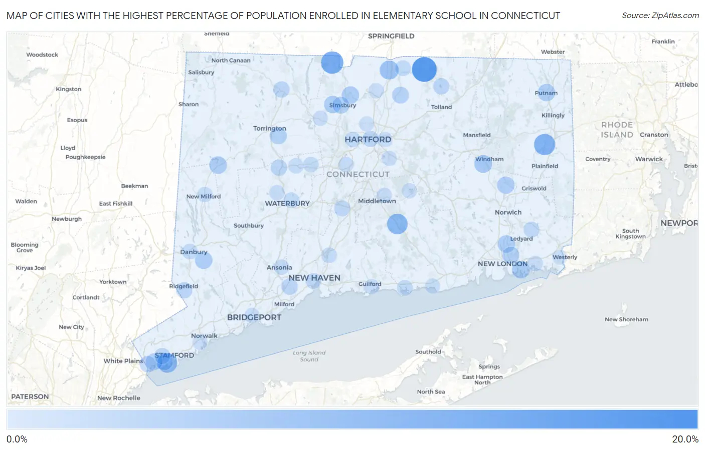 Cities with the Highest Percentage of Population Enrolled in Elementary School in Connecticut Map