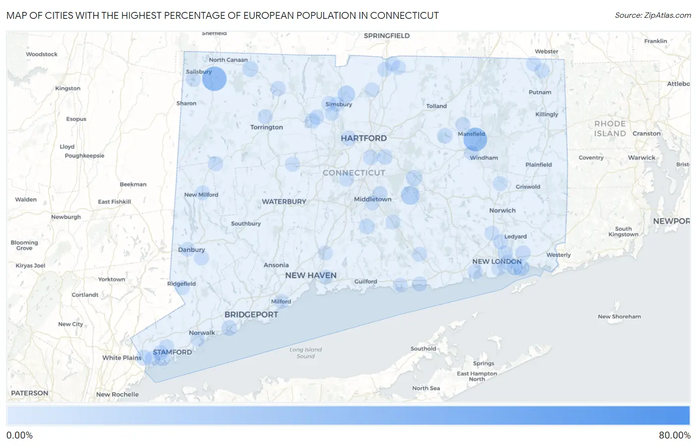 Cities with the Highest Percentage of European Population in Connecticut Map