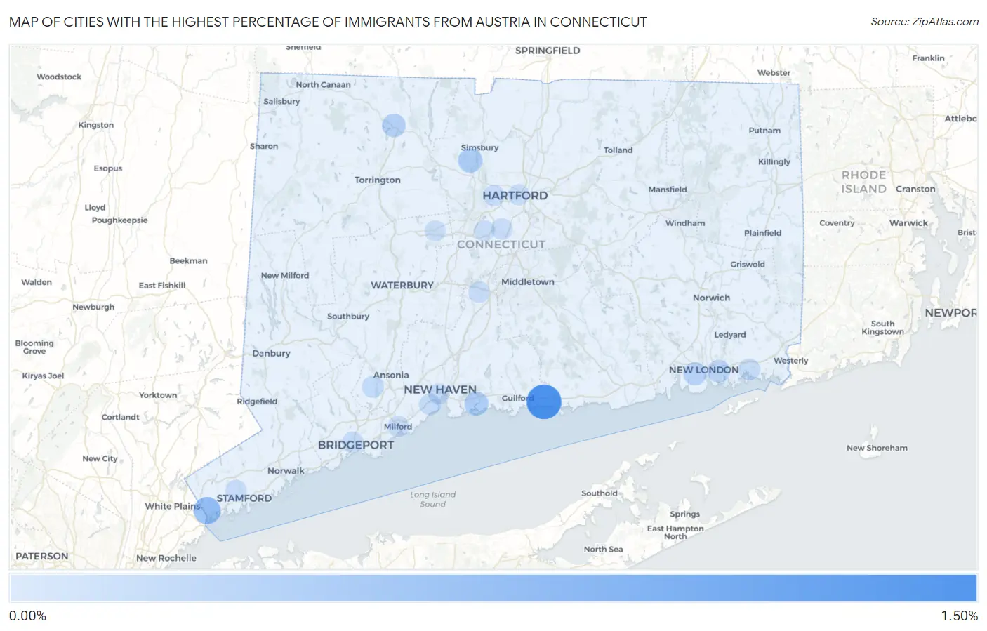 Cities with the Highest Percentage of Immigrants from Austria in Connecticut Map