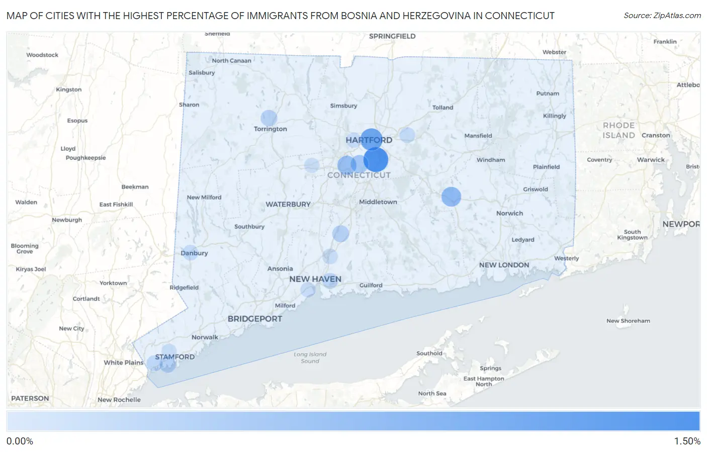 Cities with the Highest Percentage of Immigrants from Bosnia and Herzegovina in Connecticut Map