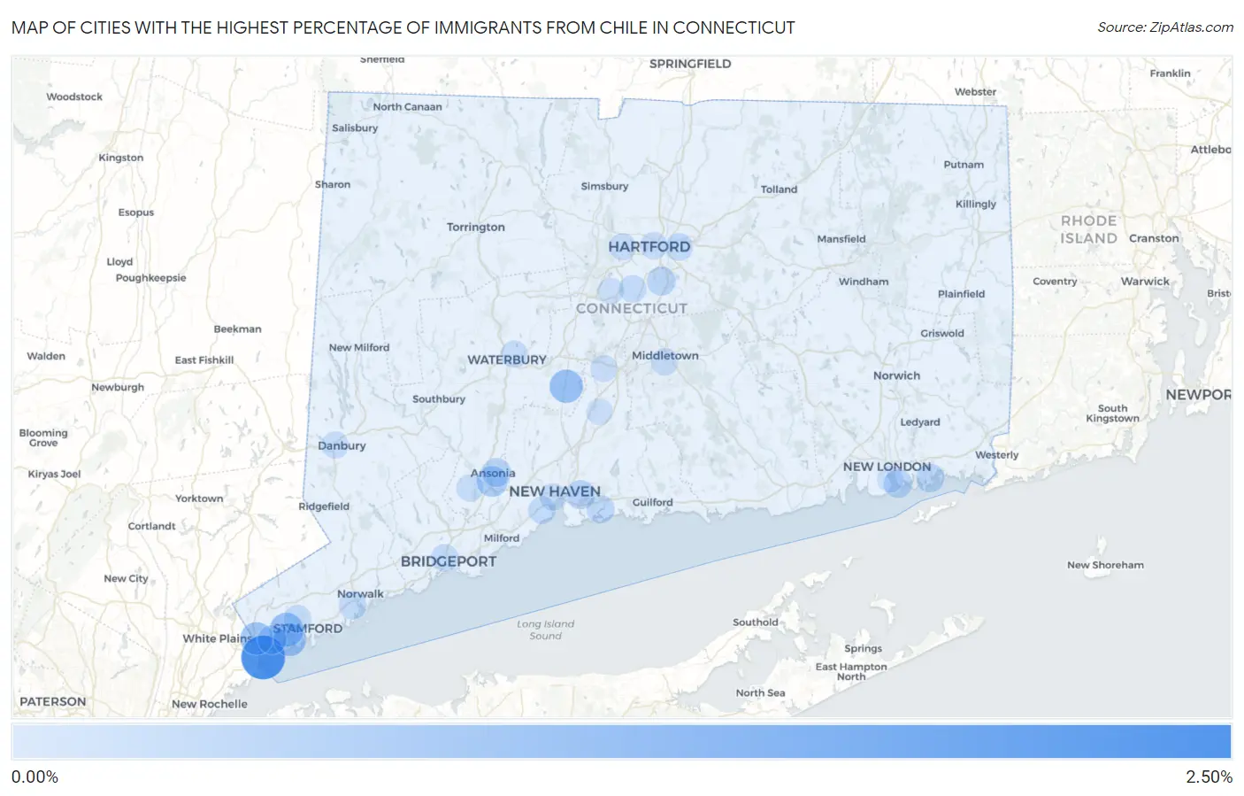 Cities with the Highest Percentage of Immigrants from Chile in Connecticut Map