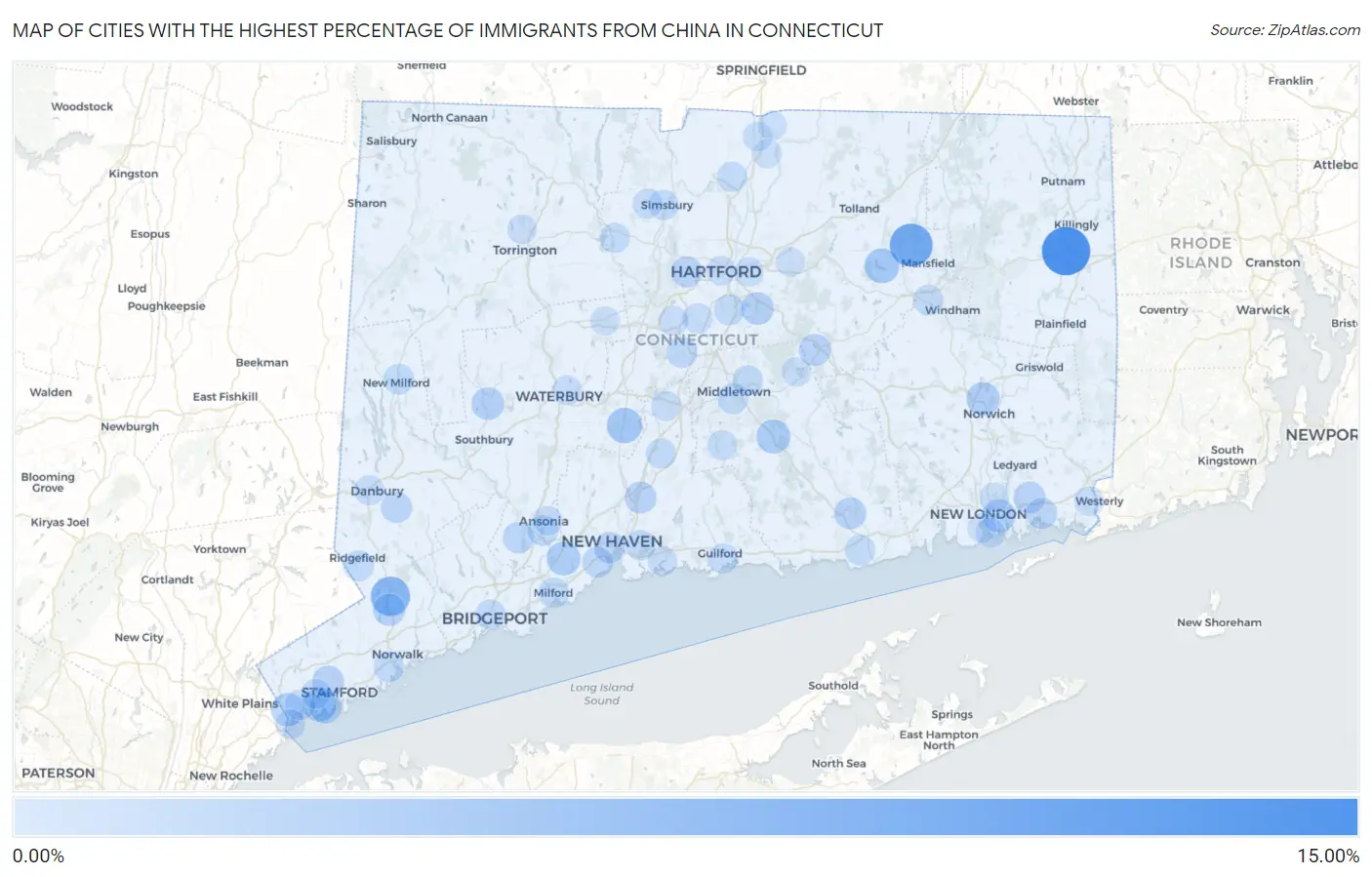 Cities with the Highest Percentage of Immigrants from China in Connecticut Map