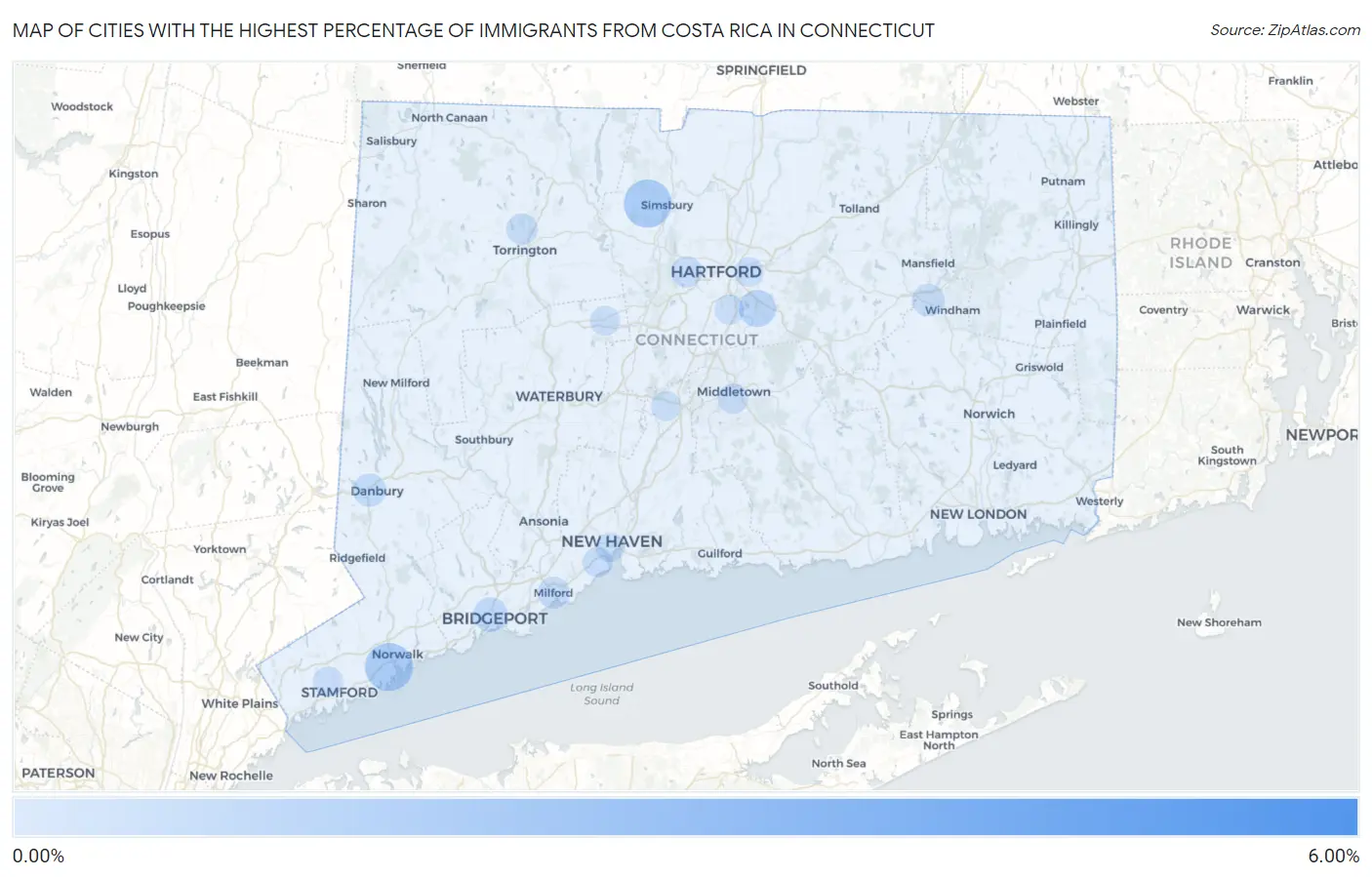 Cities with the Highest Percentage of Immigrants from Costa Rica in Connecticut Map