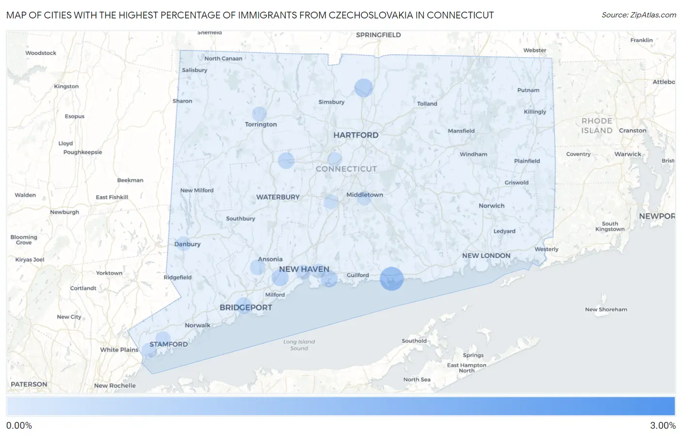Cities with the Highest Percentage of Immigrants from Czechoslovakia in Connecticut Map
