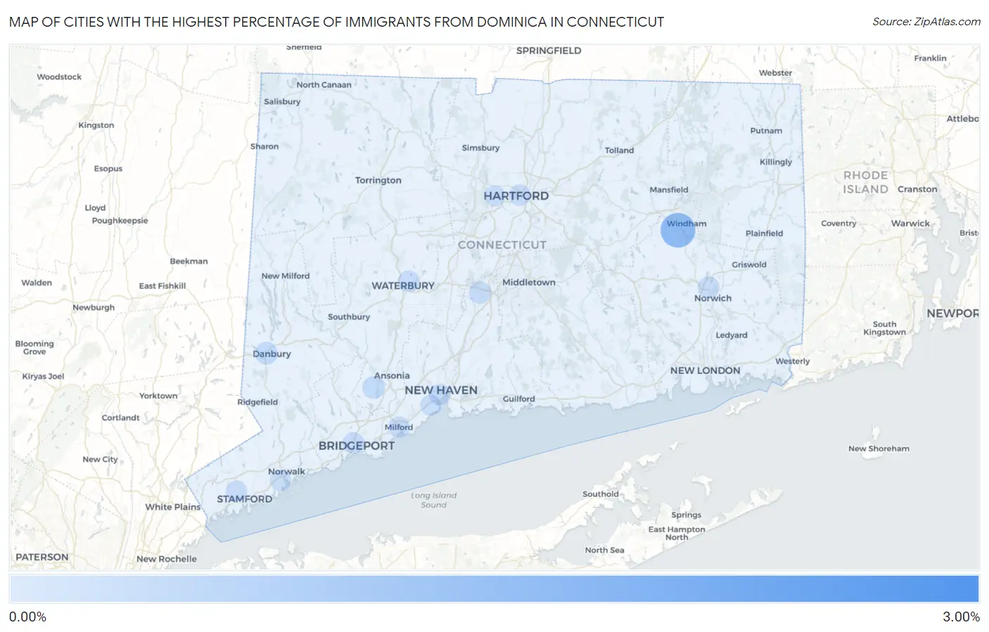 Cities with the Highest Percentage of Immigrants from Dominica in Connecticut Map