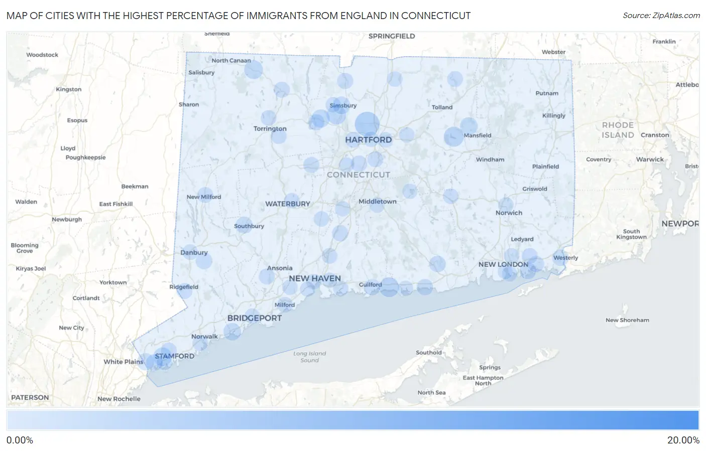 Cities with the Highest Percentage of Immigrants from England in Connecticut Map