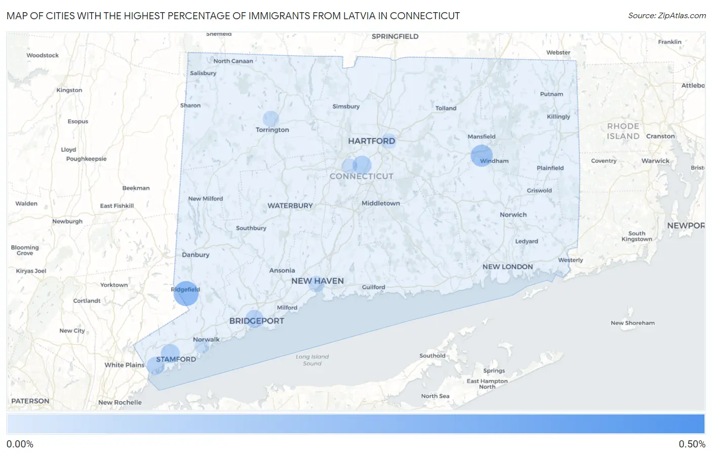 Cities with the Highest Percentage of Immigrants from Latvia in Connecticut Map