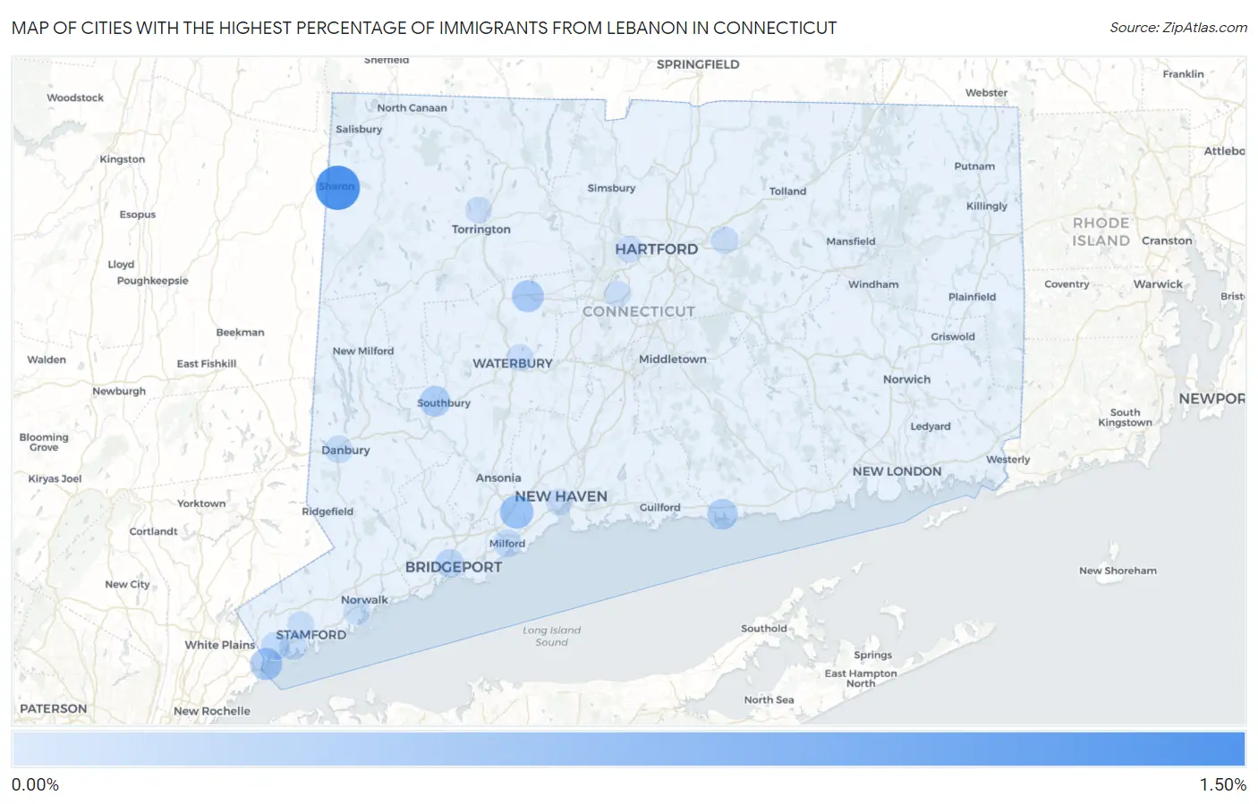 Cities with the Highest Percentage of Immigrants from Lebanon in Connecticut Map