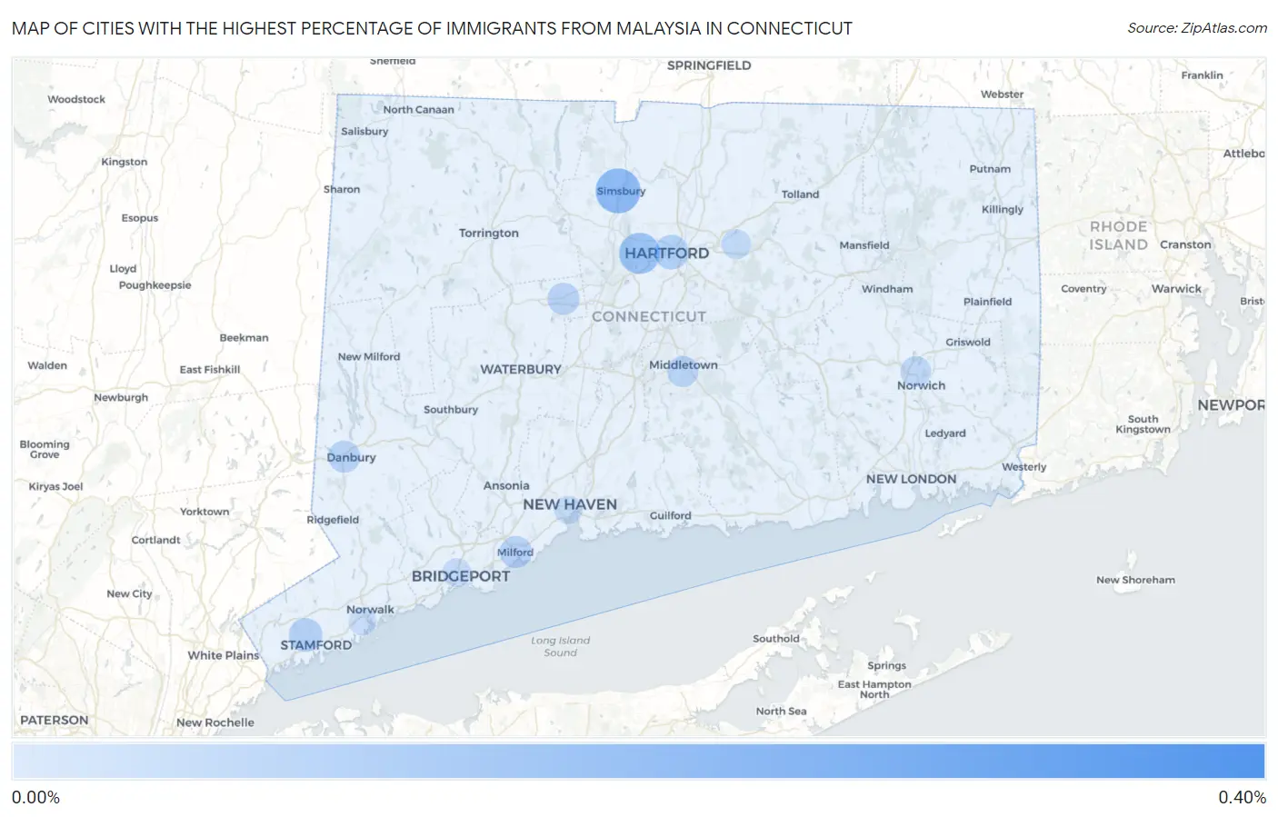 Cities with the Highest Percentage of Immigrants from Malaysia in Connecticut Map