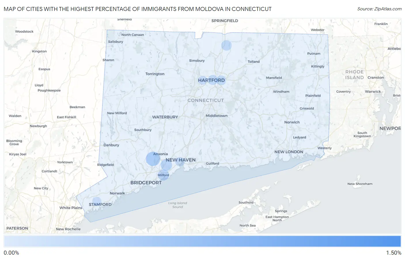Cities with the Highest Percentage of Immigrants from Moldova in Connecticut Map