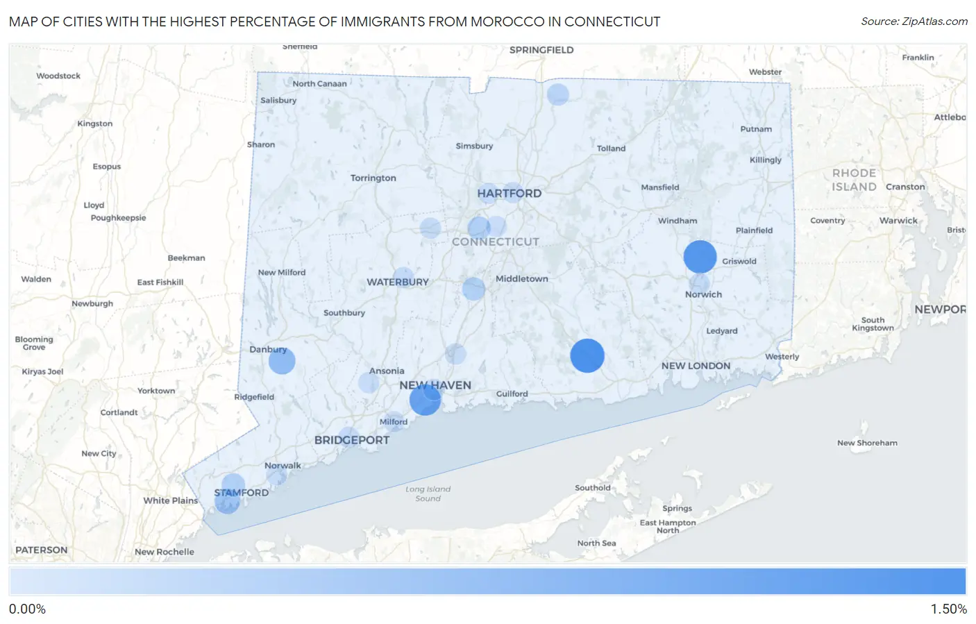 Cities with the Highest Percentage of Immigrants from Morocco in Connecticut Map