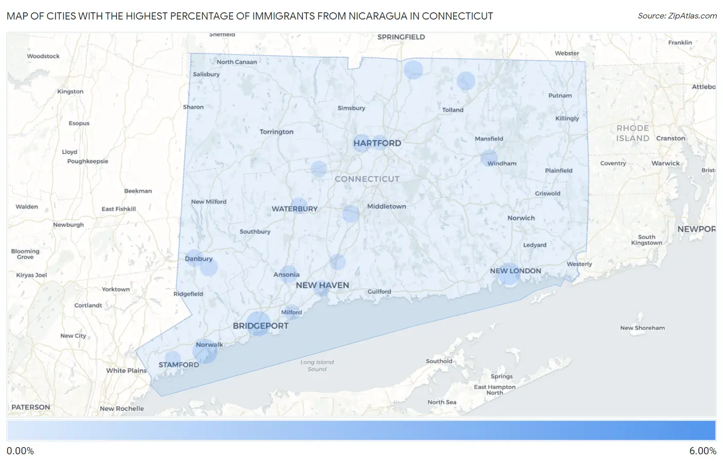Cities with the Highest Percentage of Immigrants from Nicaragua in Connecticut Map