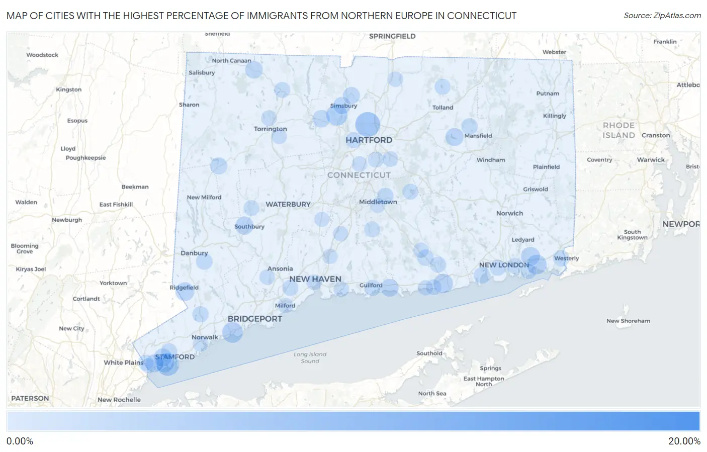 Cities with the Highest Percentage of Immigrants from Northern Europe in Connecticut Map