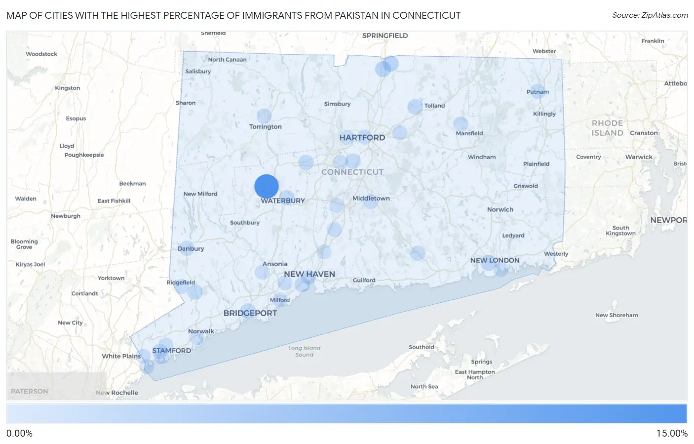 Cities with the Highest Percentage of Immigrants from Pakistan in Connecticut Map
