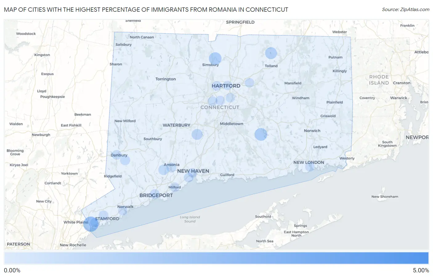 Cities with the Highest Percentage of Immigrants from Romania in Connecticut Map