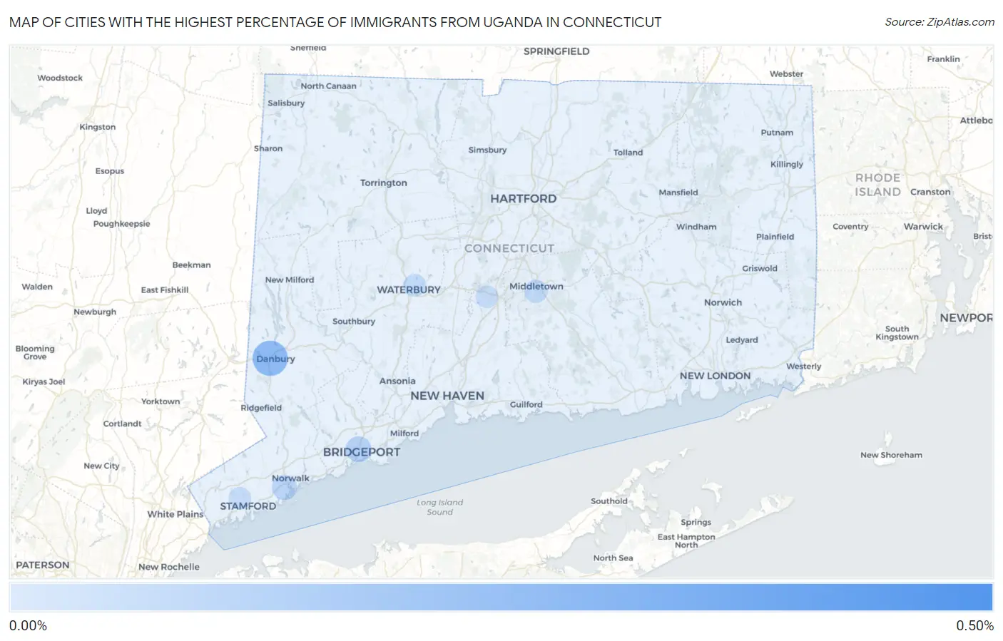 Cities with the Highest Percentage of Immigrants from Uganda in Connecticut Map