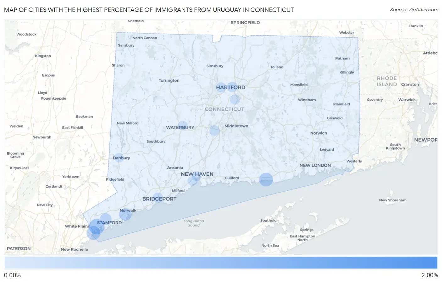 Cities with the Highest Percentage of Immigrants from Uruguay in Connecticut Map