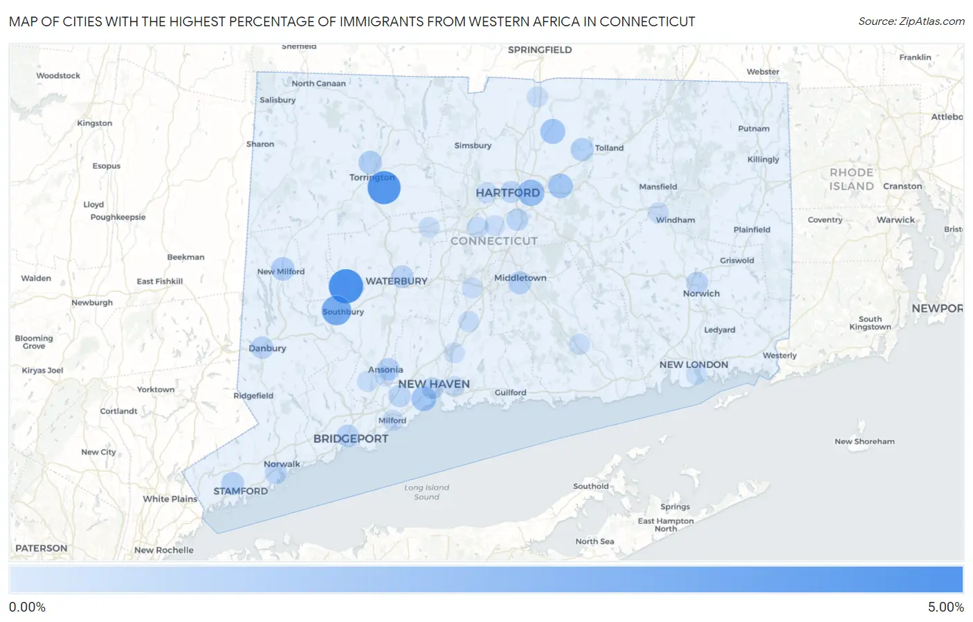 Cities with the Highest Percentage of Immigrants from Western Africa in Connecticut Map