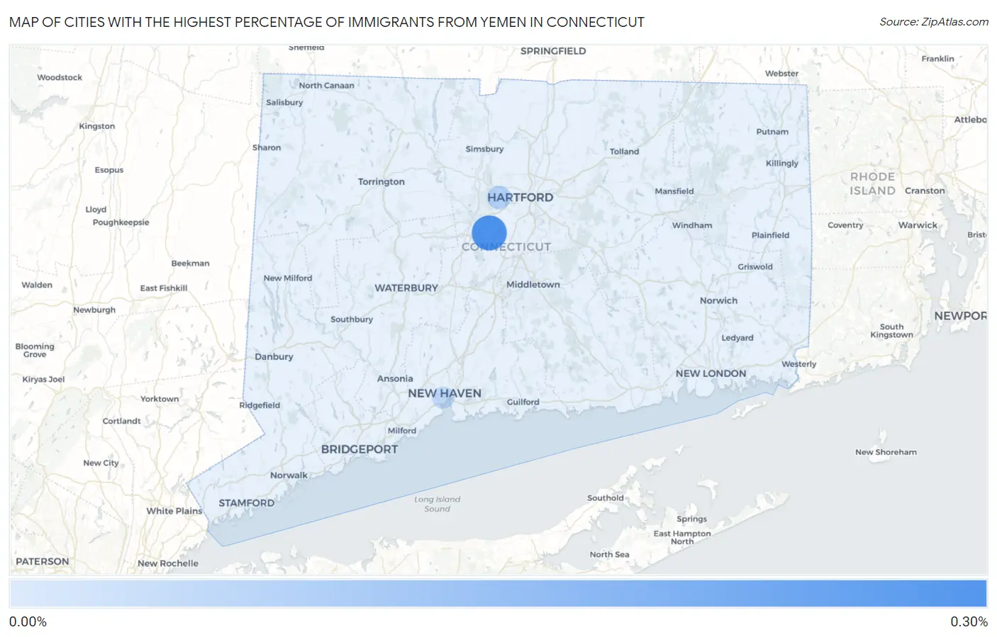 Cities with the Highest Percentage of Immigrants from Yemen in Connecticut Map