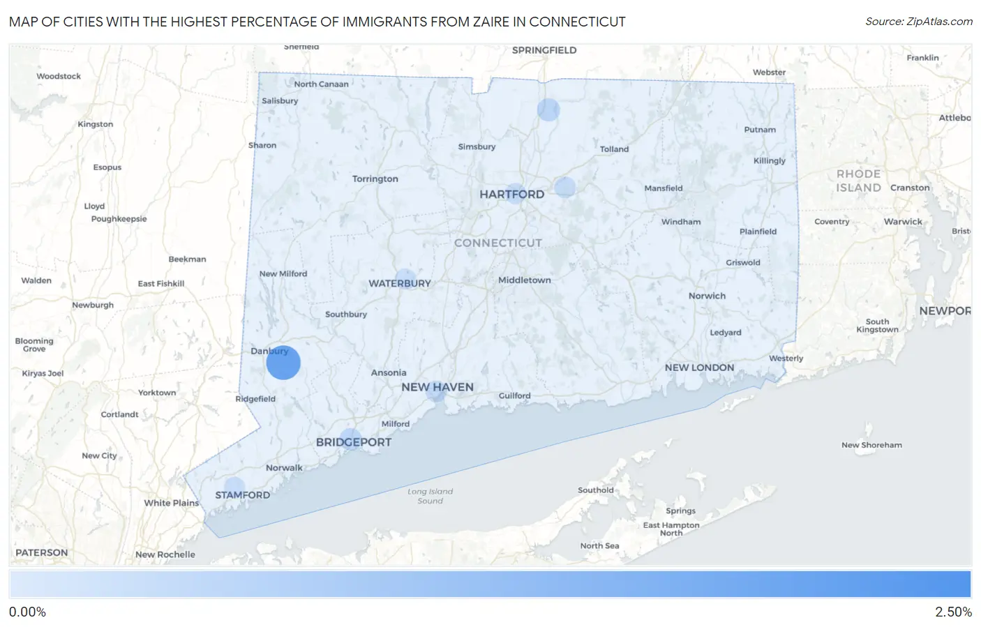 Cities with the Highest Percentage of Immigrants from Zaire in Connecticut Map