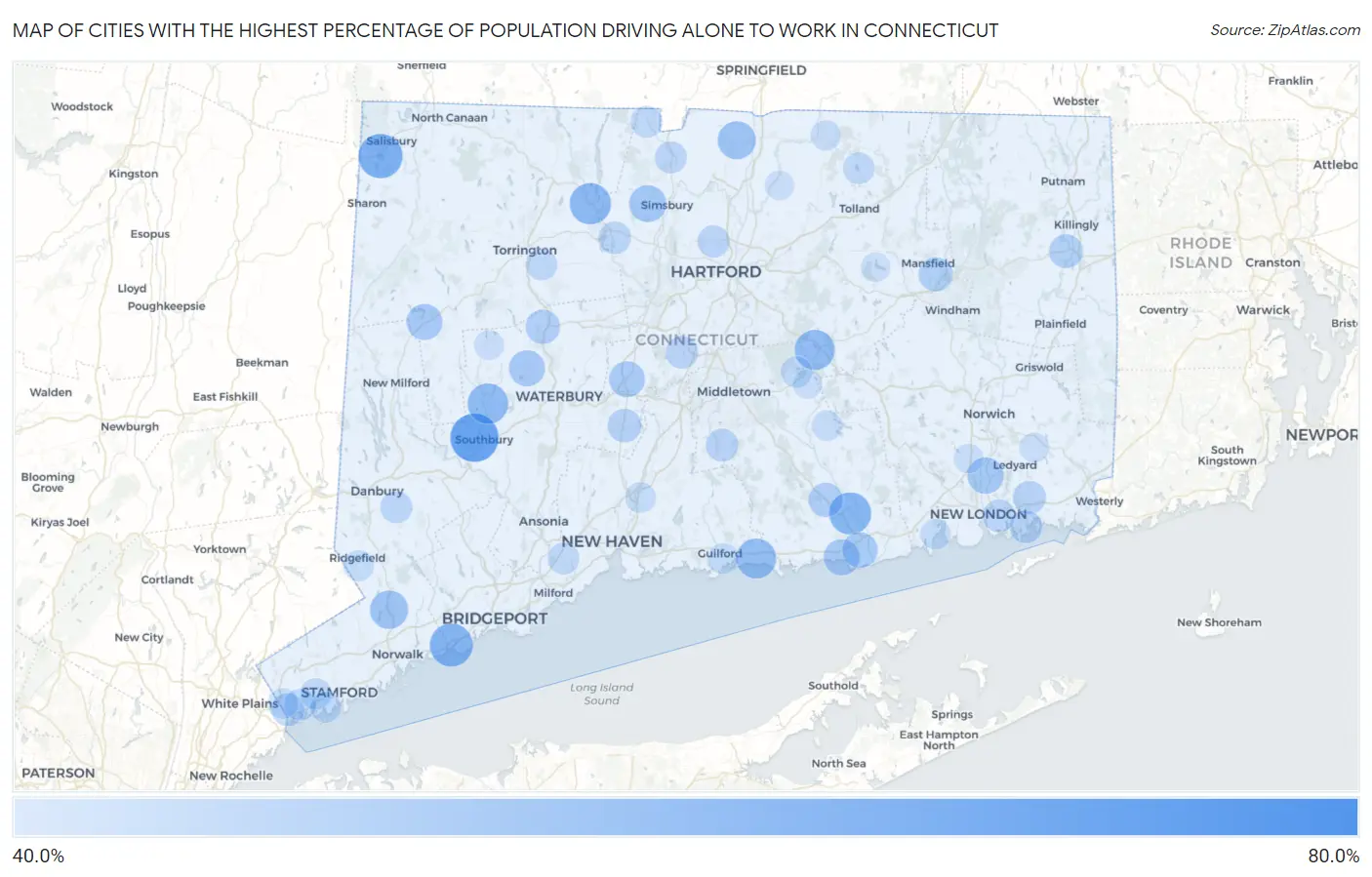 Cities with the Highest Percentage of Population Driving Alone to Work in Connecticut Map