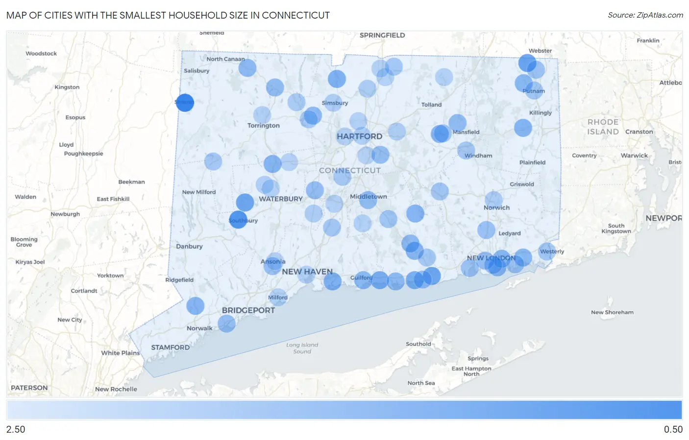 Cities with the Smallest Household Size in Connecticut Map