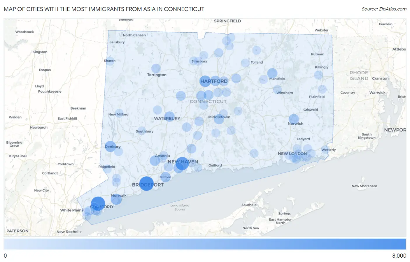 Cities with the Most Immigrants from Asia in Connecticut Map