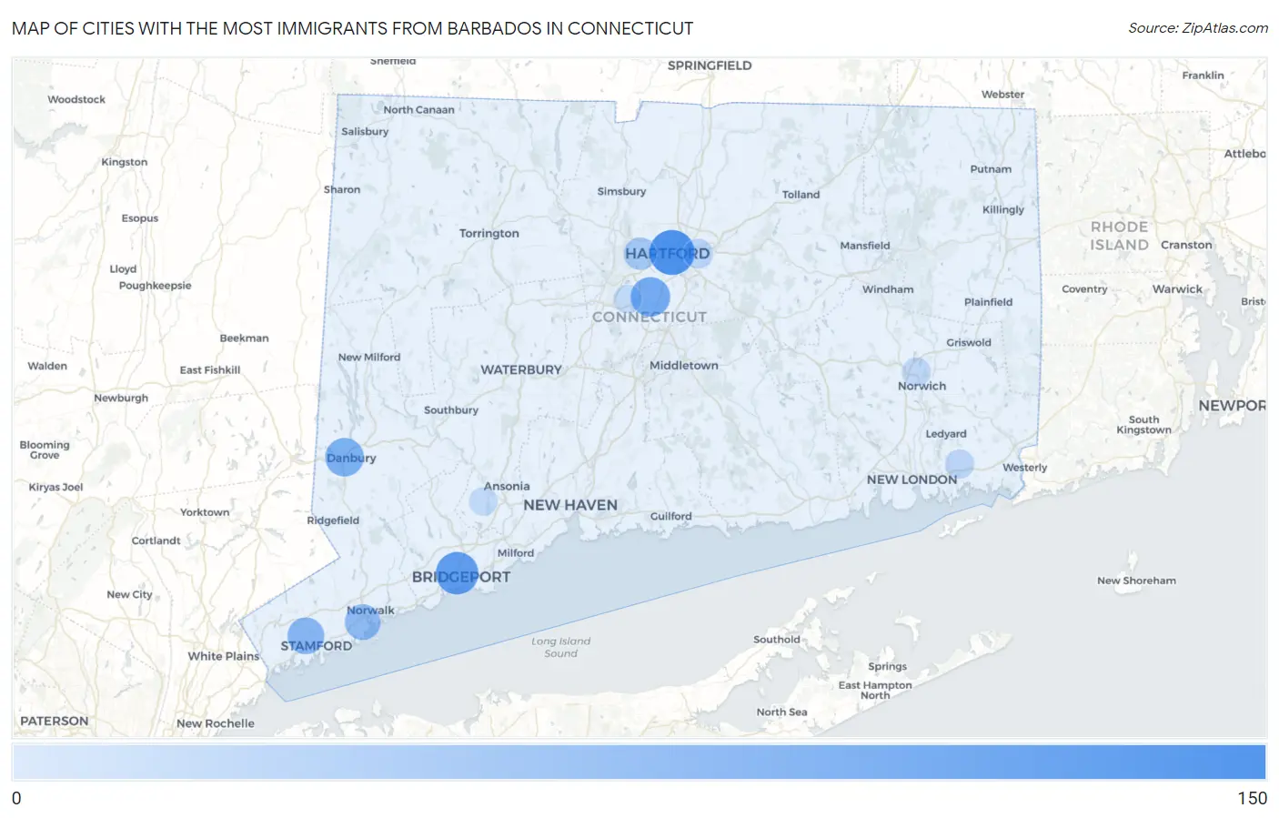 Cities with the Most Immigrants from Barbados in Connecticut Map
